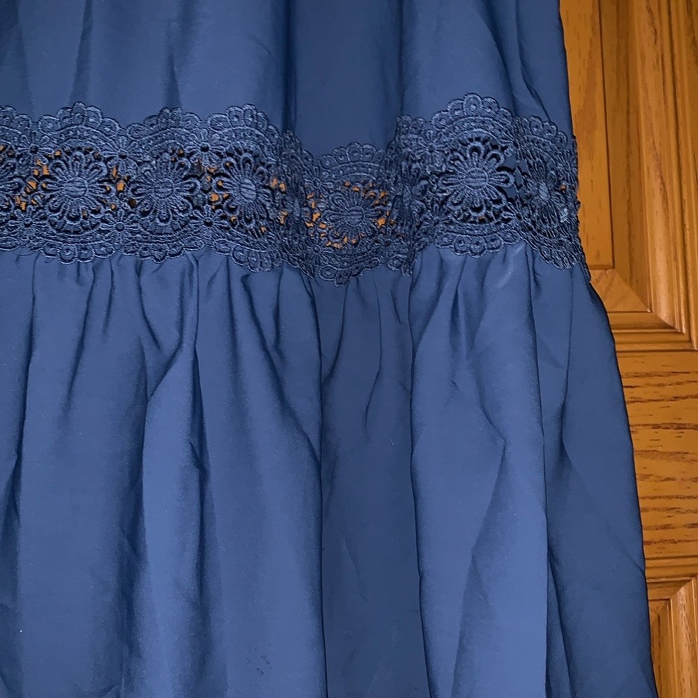 NWT! Funlingo Deep Blue Lacey Cap Sleeve Smocked Crochet Inset Tiered Maxi Dress - Picture 12 of 16